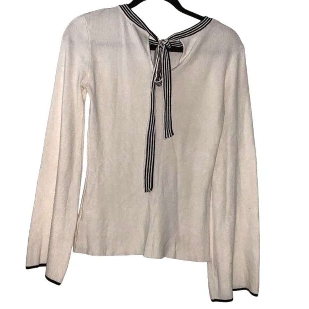 Olivia Warren XS White Long Sleeve Knit Top W/ Black Ribbon Tie Neck Detail